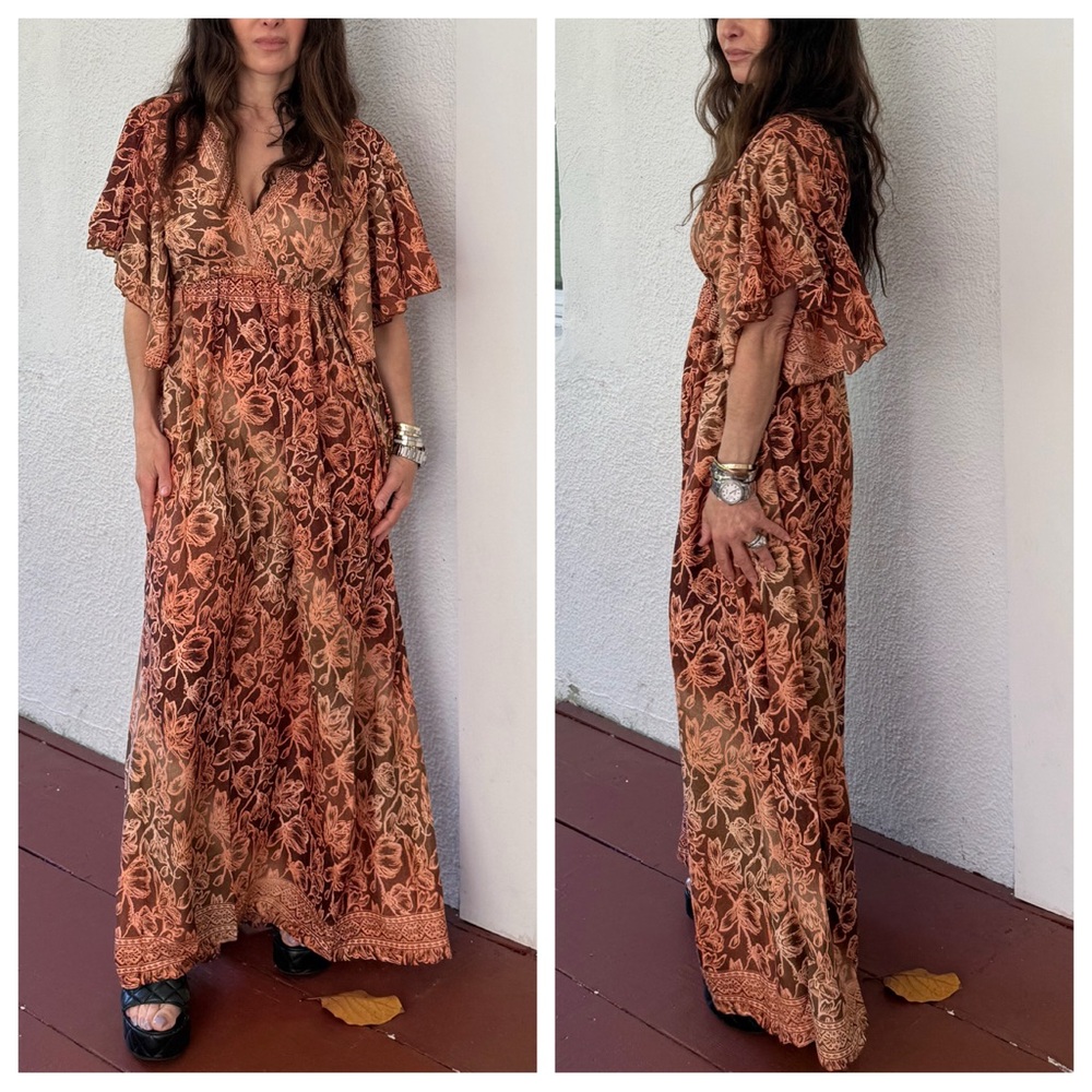 Silk Boho Floral Maxi Dress in Brown and Cream